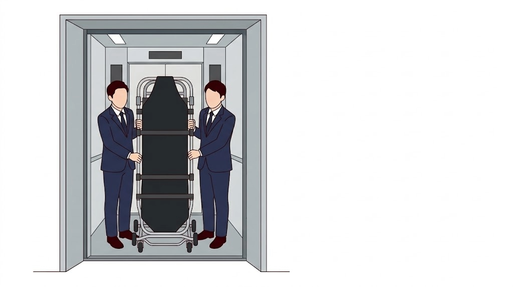 2人のスタッフが、立てたストレッチャーを支えてエレベーターに乗っているイラスト