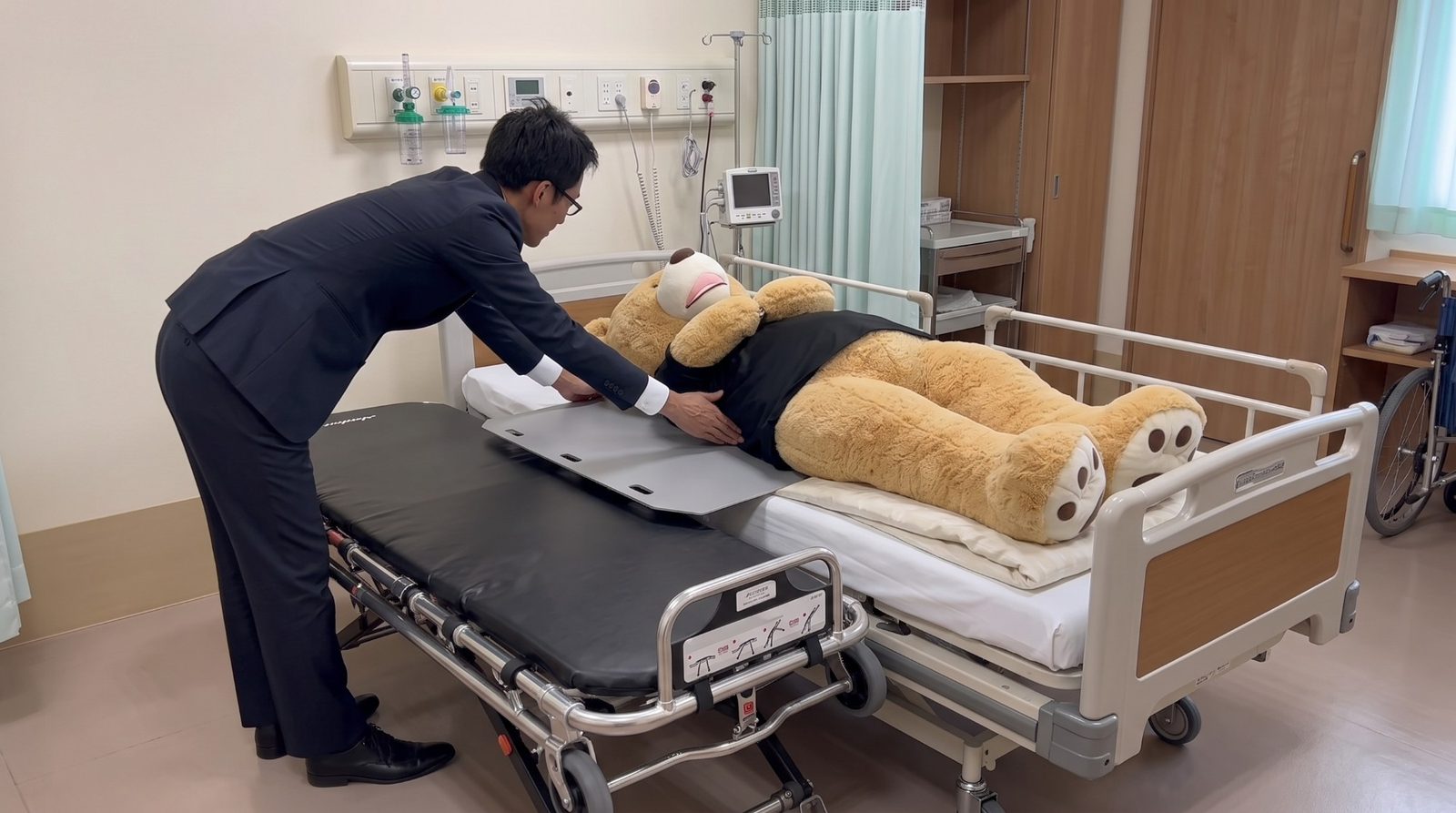 ベッドからストレッチャーへ、エアリースライドを使って移す様子