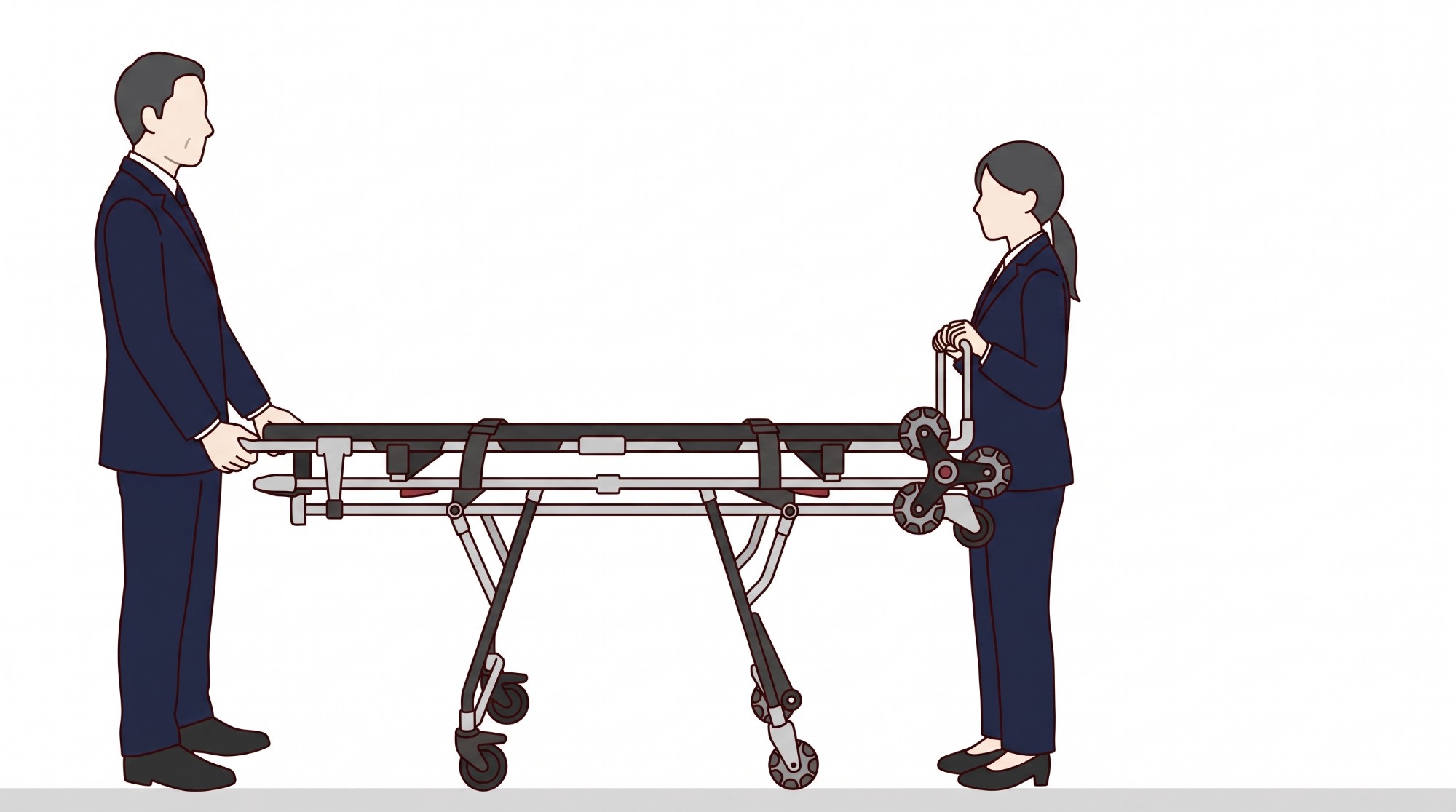 男性と女性のスタッフが、ストレッチャーの両端に立って、2人で搬送の準備をしているイラスト