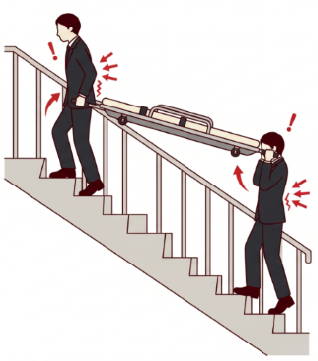 2人が担架の両端を持って、階段を昇るイラスト。腰や腕に負担がかかる